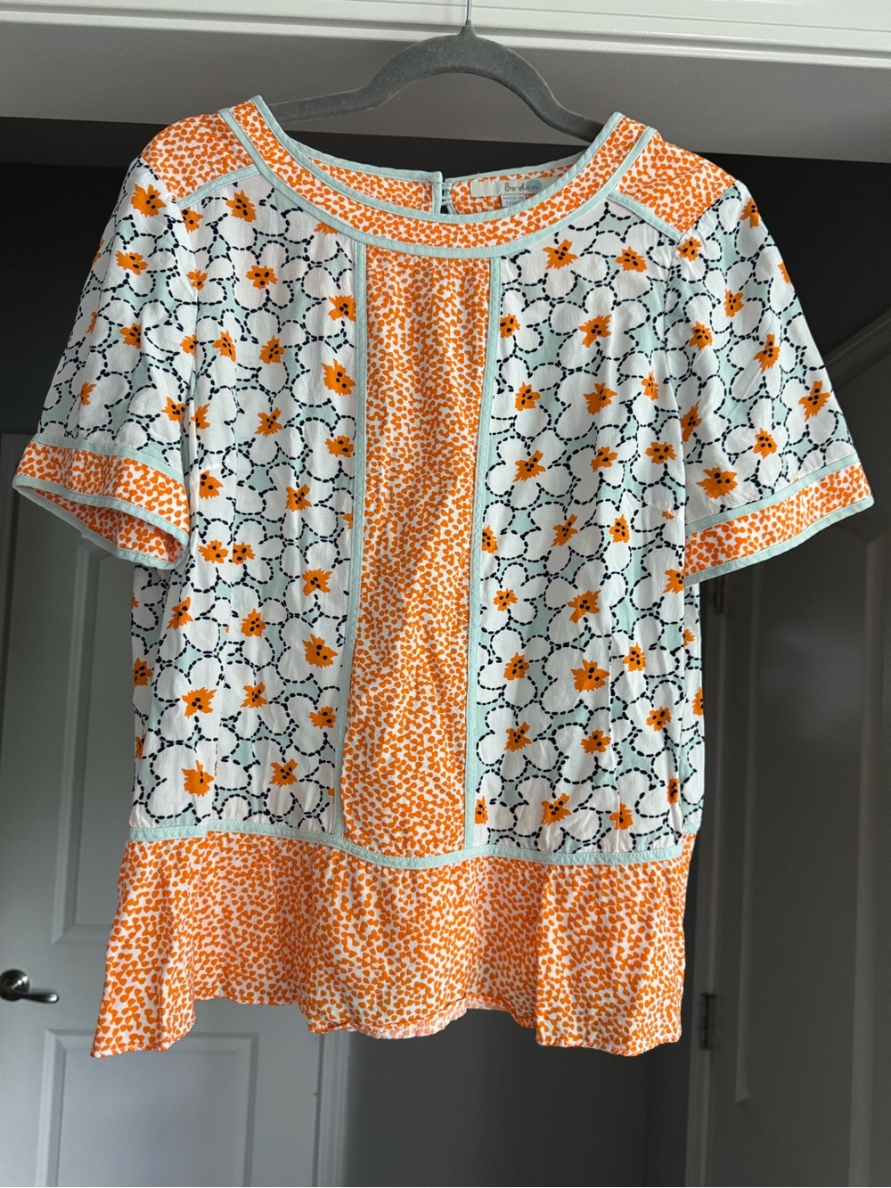 Boden White and Orange 100% Viscose Floral Panel Short Sleeve Blouse 12